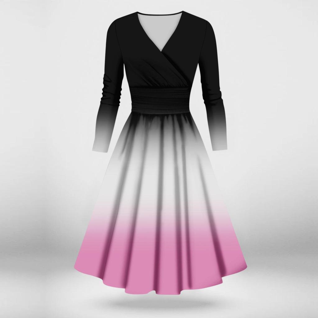 Dámské ležérní a módní sexy šaty s dlouhým rukávem a výstřihem do V s přechodem