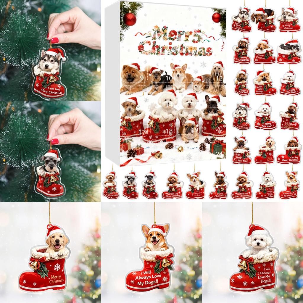 Weihnachts-Hunde-Adventskalender 24 weihnachtliche Ornamente mit Hundemotiv Feiertags-Countdown-Kalender Hunde mit roten Schuhen Perfekt für Tierliebhaber, Tierbesitzer