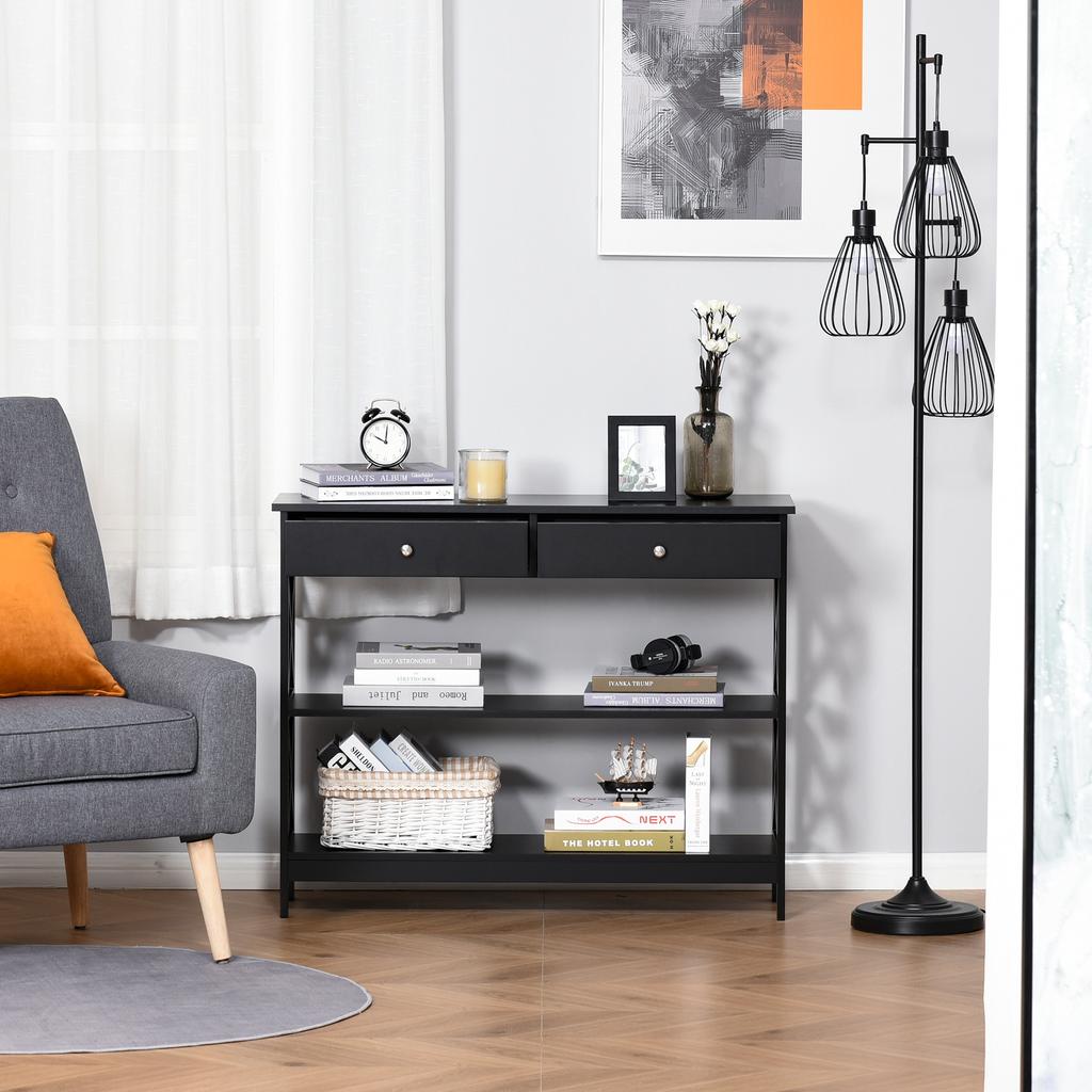 Tavolino da Consolle Scrivania Laterale con Mensole Cassetti Piano Aperto Struttura a X Arredamento per Soggiorno Corridoio Ufficio Domestico Nero