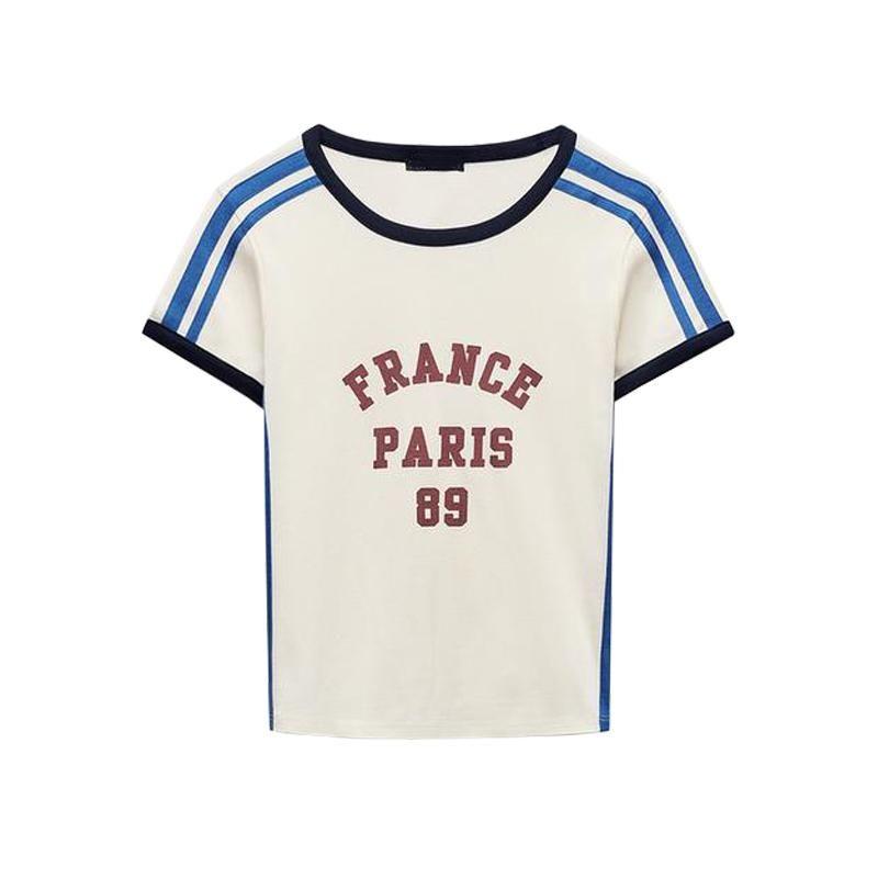 Fall and Winter New Arrival Women's Digital Print Stripes with Decoration Preppy Style round Neck Short Sleeve Cotton T-shirt 5643814