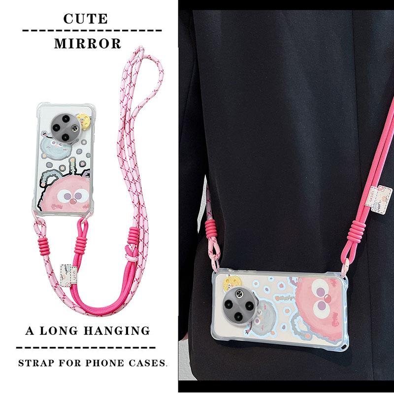 KEYSION Crossbody Strap Phone Case for TECNO Spark 30C Shockproof Cute Cartoon Long Lanyard Mirror Shockproof Cover for Tecno Spark 30C 4G