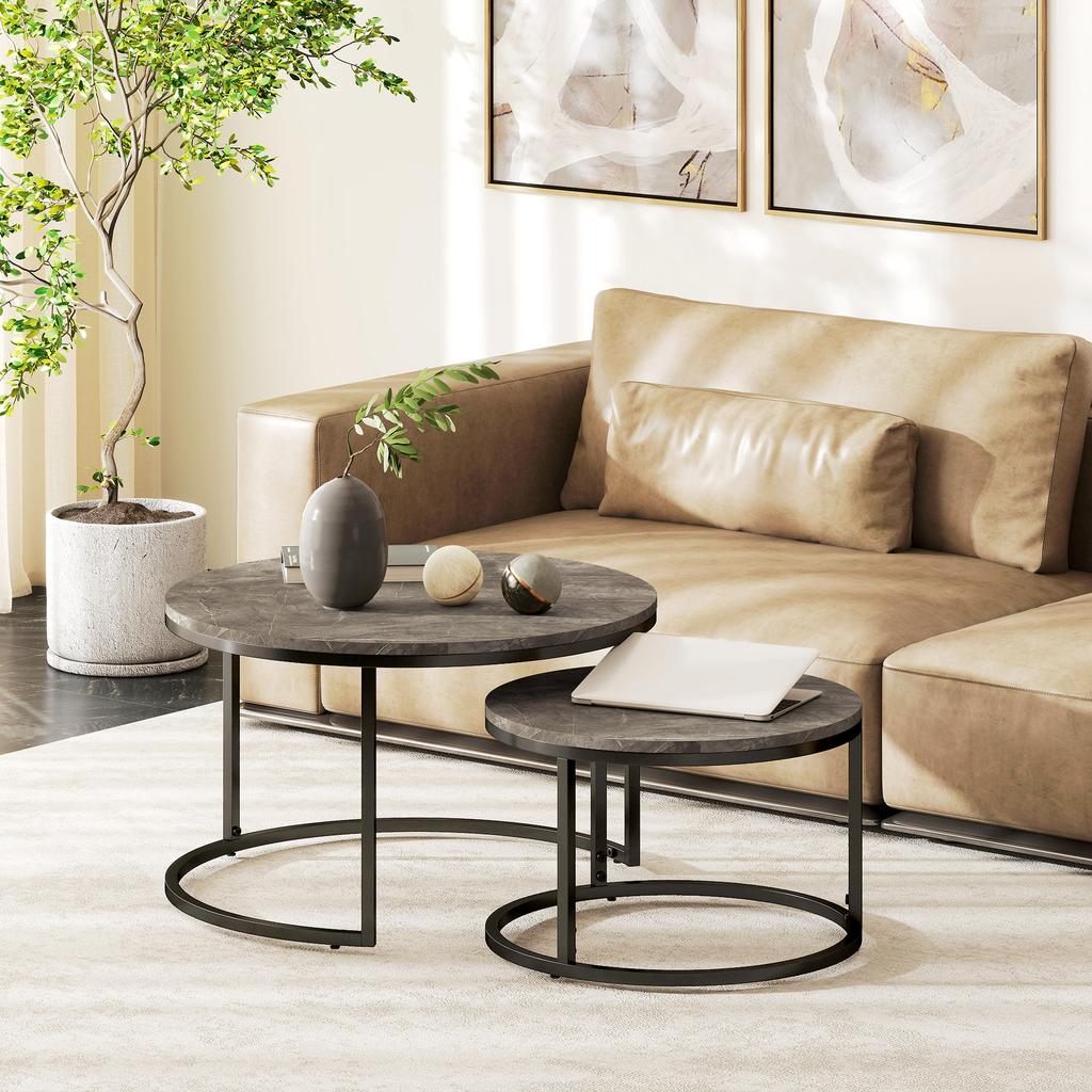 Industrial Nesting Coffee Table Set Of 2 Round Coffee Tables Living Room Table With Faux Marbled Top And Steel Frame