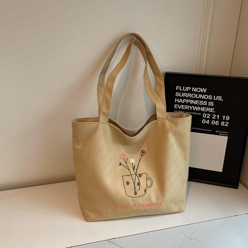 Embroidery literary flower 2026 new large-capacity women s shoulder handbag canvas fashion simple tote bag women