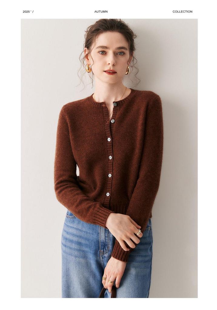Women's Slim Fit Cashmere Knit Cardigan – Round Neck, Thickened, Versatile, Skin-Friendly Wool Coat for Autumn/Winter.