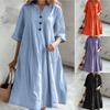 Long V-neck Half-sleeve Loose Version Three-button Dress