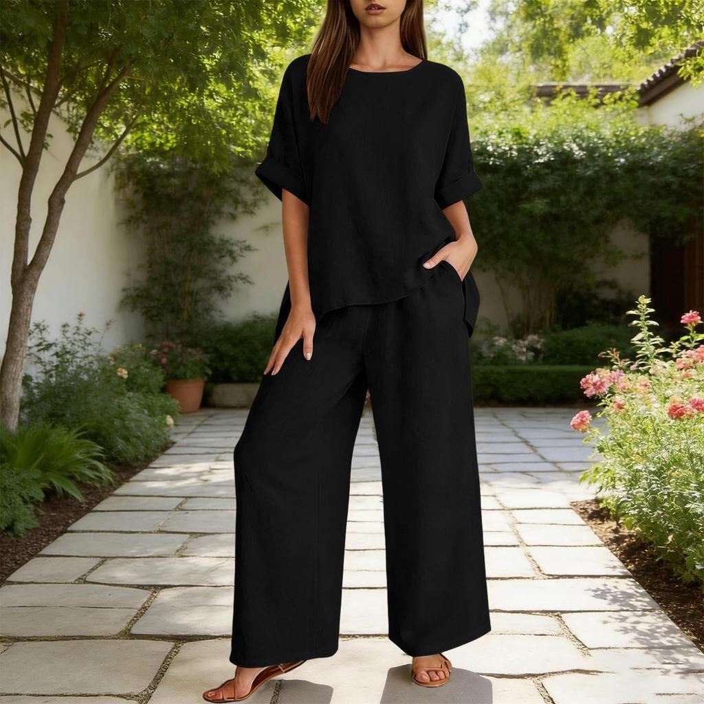 Women's Color Two Piece Set with Three-Quarter Sleeve Top and Long Pants Cotton Linen Casual Outfit