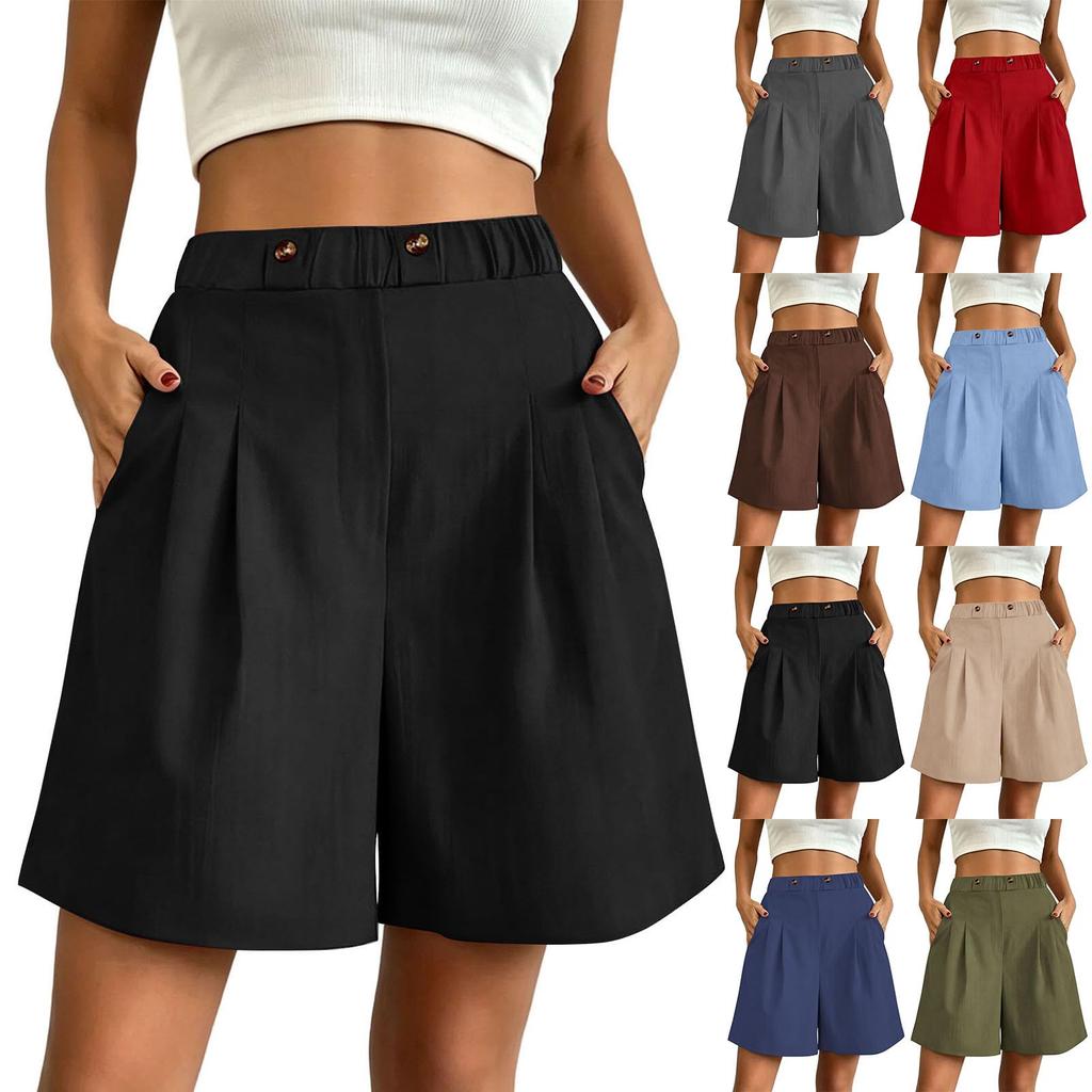 Women's Casual Loose Fit High Waist Shorts with Pockets Elastic Waistband Wide Leg Summer Bottoms