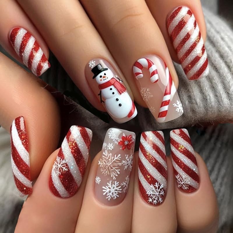 Christmas Press on Nails Medium Square Fake Nails Xmas Nails Press ons with Winterberry,Candy Cane,Snowflake,Santa Hat Design Reusable Artificial
