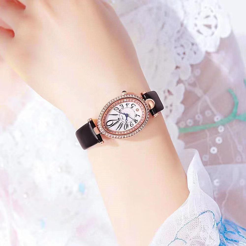 Women's Luxury Oval Leather Strap Watch with Diamonds