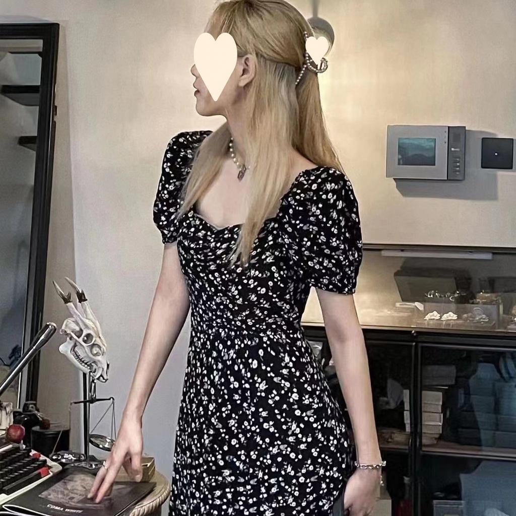 Summer square neck black floral dress with split ends and waist sexy long skirt for women