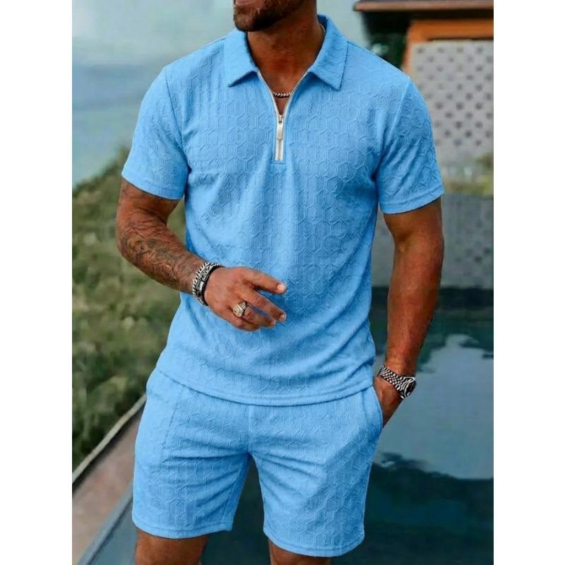 Completo Uomo 2 Pezzi a Maglia Waffle con Polo Zip e Pantaloncini