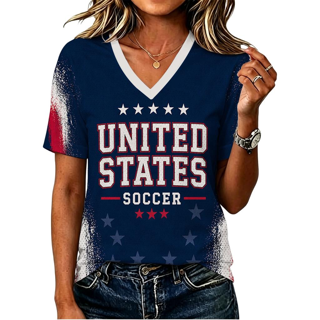Women's Short Sleeve V-Neck T-Shirt with USA Letter Print