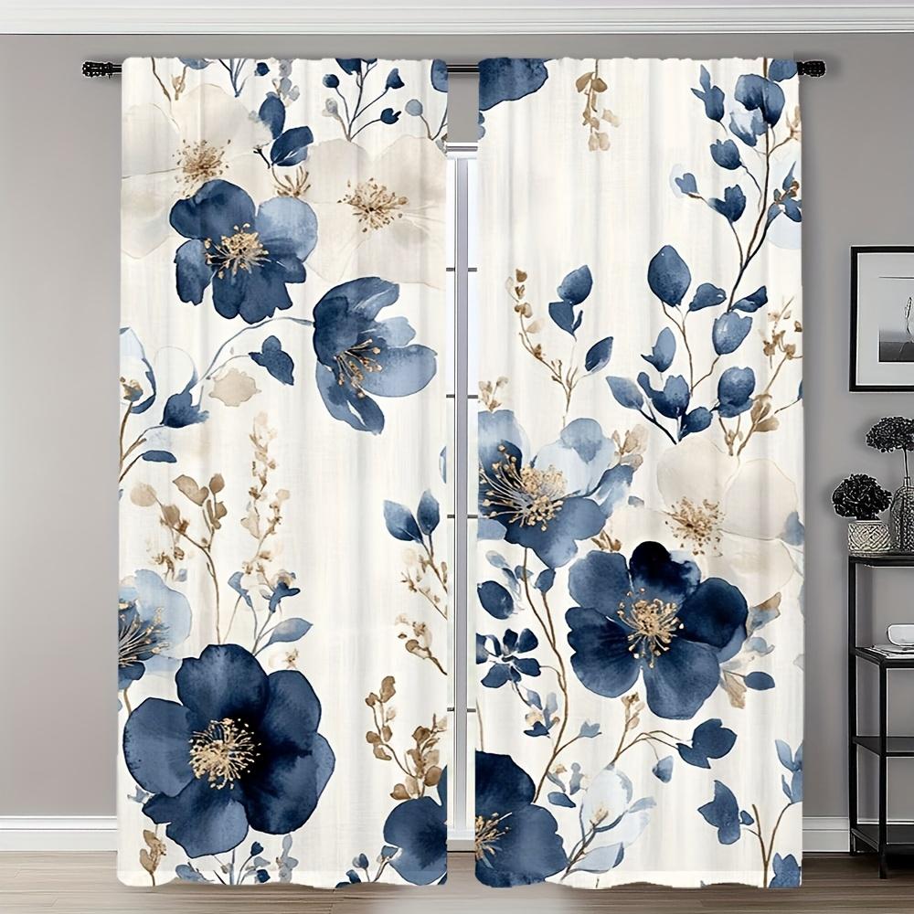 1pc Navy blue and gold floral print pattern curtains   polyester fabric   suitable for bedroom living room decoration