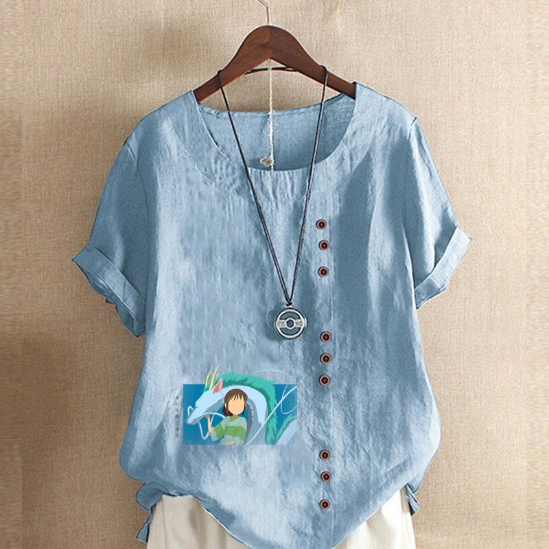 Women's Fashion Cartoon Characters Print Short Sleeve T-shirt Loose Cotton Shirt Casual Loose Summer Blouse Tops
