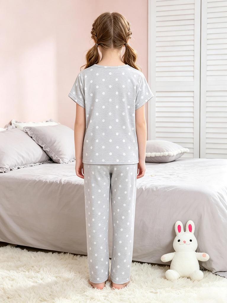 Girls Pajama Set, Cute Rabbit & Polka Dot Short Sleeve Top & Long Pants, Soft Sleepwear for 8-12 Years