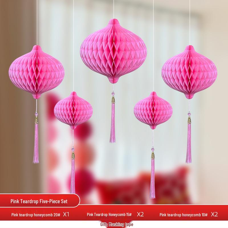 Wedding Décor Set: Honeycomb Balls, Folding Fans & Double Happiness Pendants for Groom's Room
