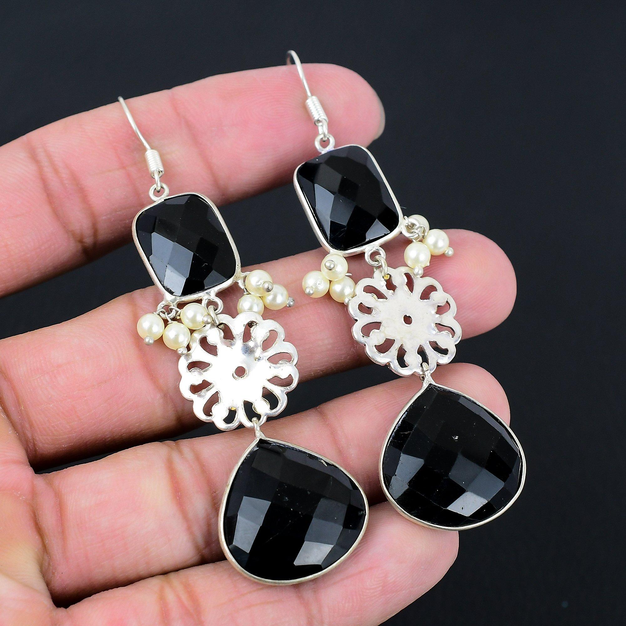 

Halloween Deal 925 Silver Natural Black Spinel Sister Boho Dangle Drop Earrings