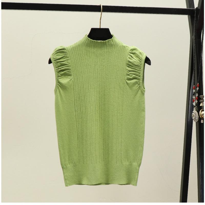 Summer New Simple Solid Color Semi-turtleneck Pleated Pullover Sweater Women Wear Sleeveless Vest Top