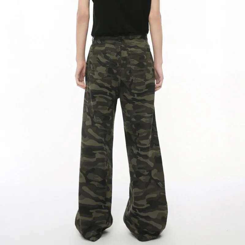 BeatStreet Vintage Camouflage Men's Jeans Fashion Washed Casual Wide Leg Denim Pants Autumn Winter Loose Male Trousers Old Blue