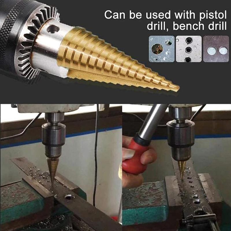 Chiloskit 3 Pcs Large HSS Step Drill Bit Set - Titanium Coated,High Speed Steel Drill Cone Bits,3-Piece, 4-12/20/32mm