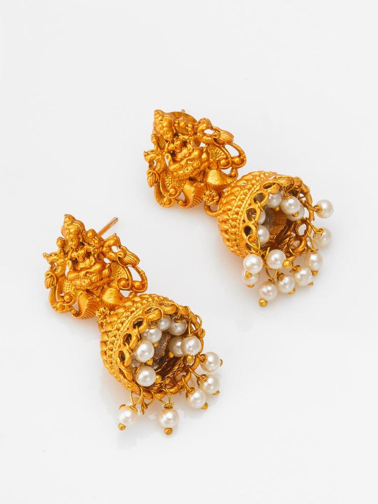 Gold-Plated White Stone-Studded & Beaded Temple Jewellery Set