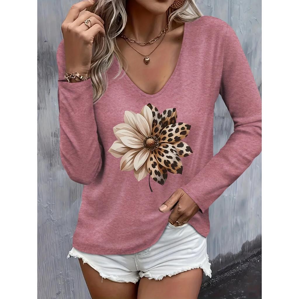 Frühlings- und Herbst V-Ausschnitt 3D Leopard Floral bedruckte T-Shirts Modische lässige langärmelige Damen-T-Shirts