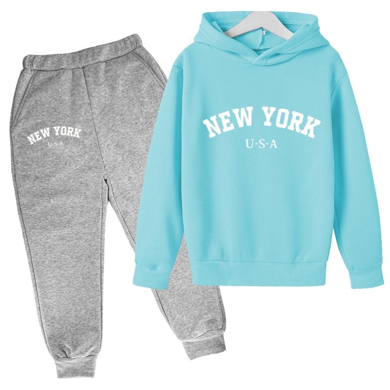 Kids Fashion Hoodie Boy Girl Toddler Pullover 3-12Years NEW YORK USA Letter Print Clothes Casual Top+Trousers 2P Coat Sports Set