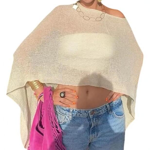 Leichter durchsichtiger Strickschal für Damen - Häkel-Netz Fledermausärmel Pullover Überwurf Strand Wickeltuch