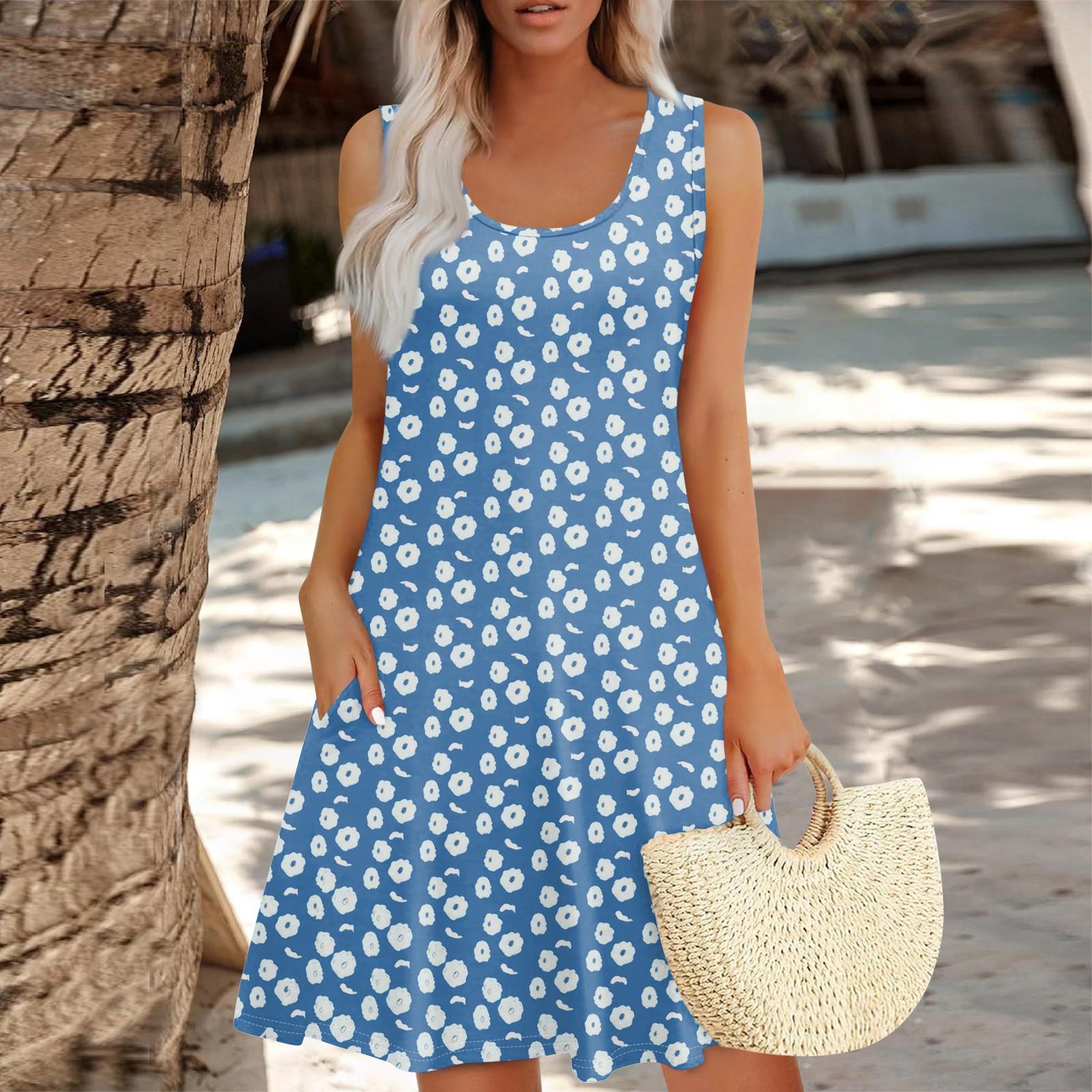 

Женское летнее цветочное платье в стиле бохо с высокой талией, повседневное гавайское платье с V-образным вырезом для отдыха M синий