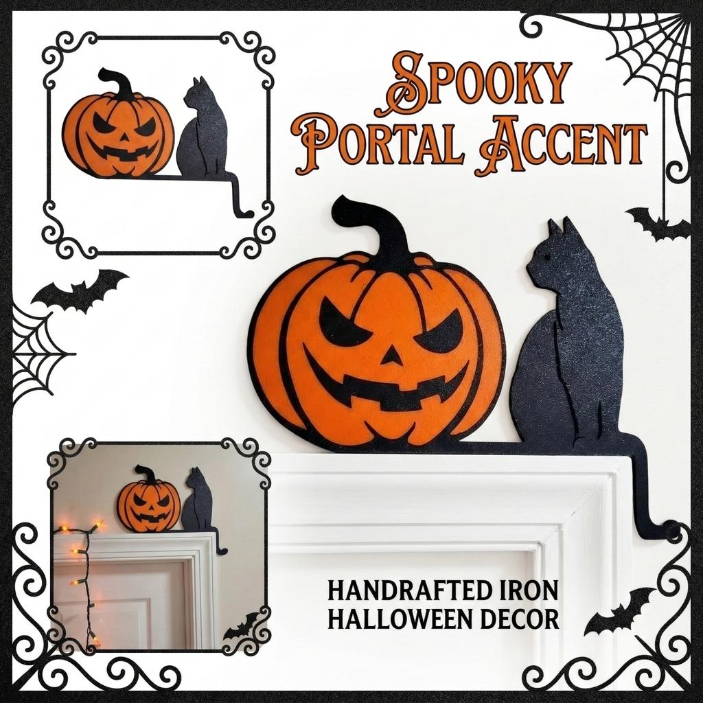 Iron Art Black & Pumpkin Door Frame Decor - Spooky Halloween Door Top Ornament, Wrought Iron Window Valance For Porch & Entryway