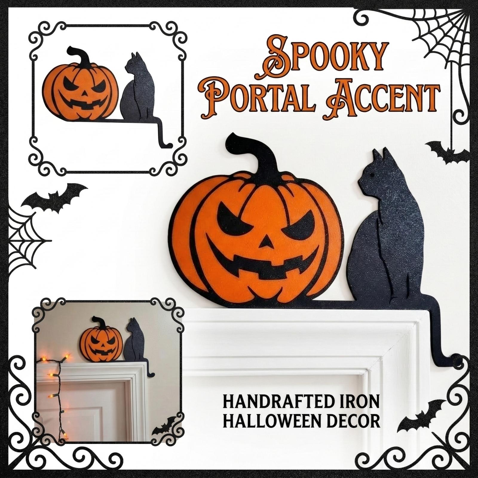 

Iron Art Black & Pumpkin Door Frame Decor - Spooky Halloween Door Top Ornament, Wrought Iron Window Valance For Porch & Entryway One Size