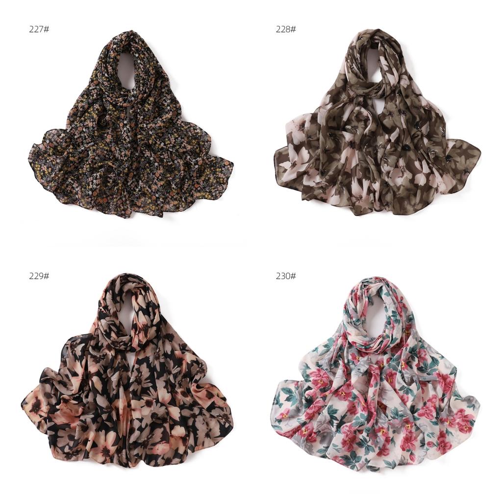 High Quality New Flower Printed Chiffon Hijab Fashion Long Scarf Summer Beautiful Floral Headscarf Wraps for Muslim Woman