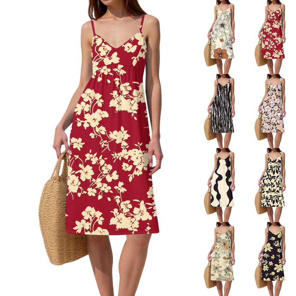 Women's Spaghetti Strap Backless Bow Loose Casual Beach Holiday Dress Sundress