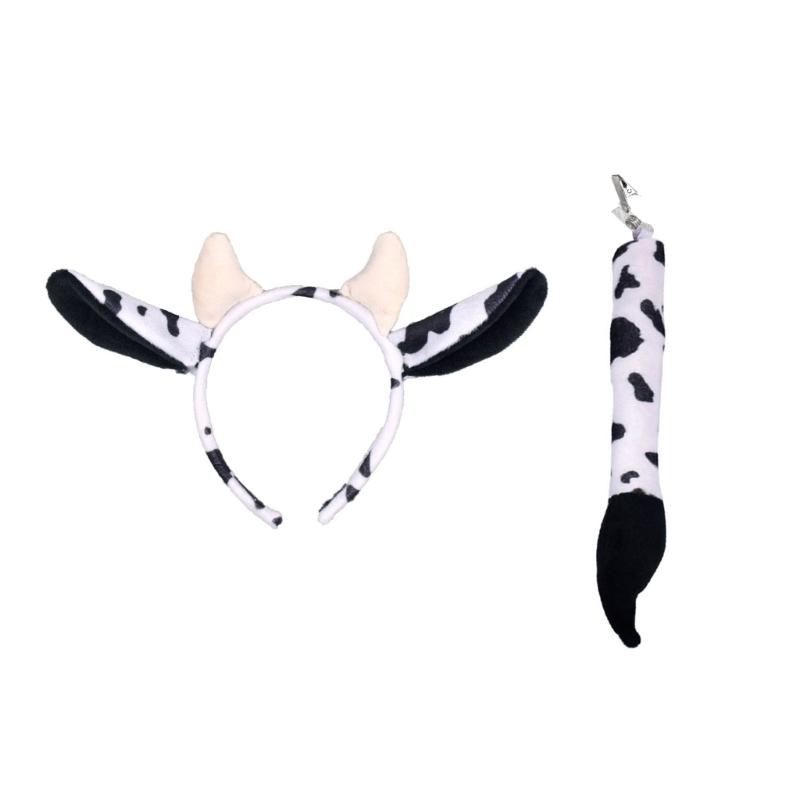 2PCS Creative Woman Cow Ear Hairband with Long Tail Set for Taking Photo Headbands Cartoon Carnivals Cosplay Hair Hoop