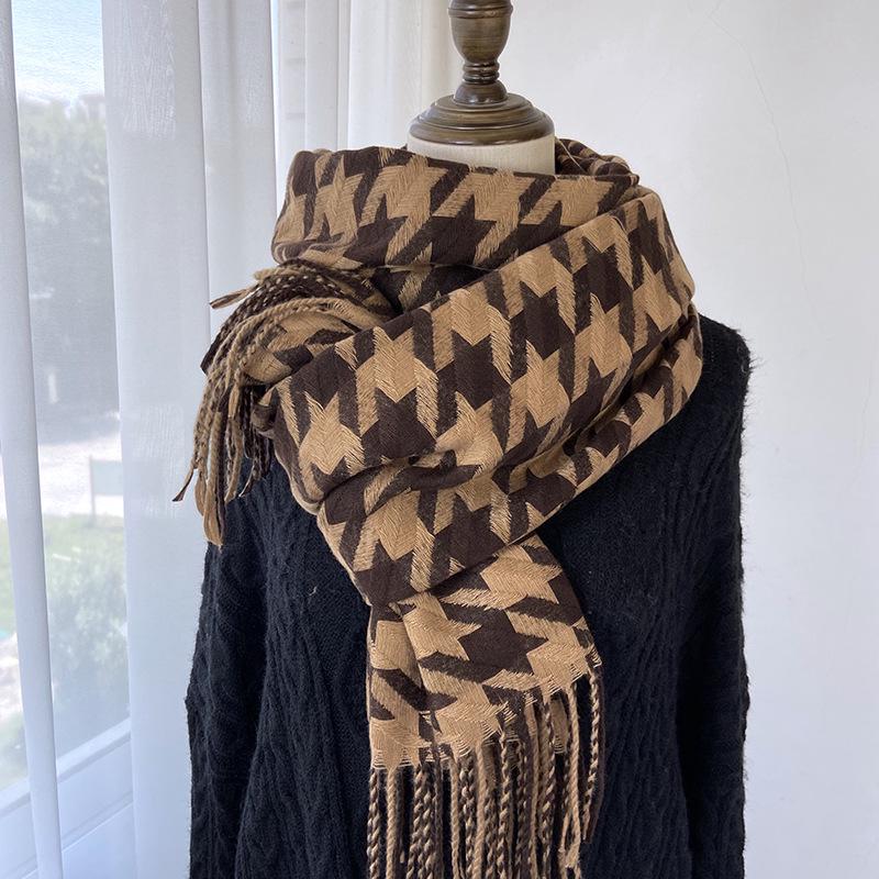 Women's Medium-Length Houndstooth Scarf - Warm, Sweet Style, Imitation Cashmere, Tassel Snood, Thick Shawl