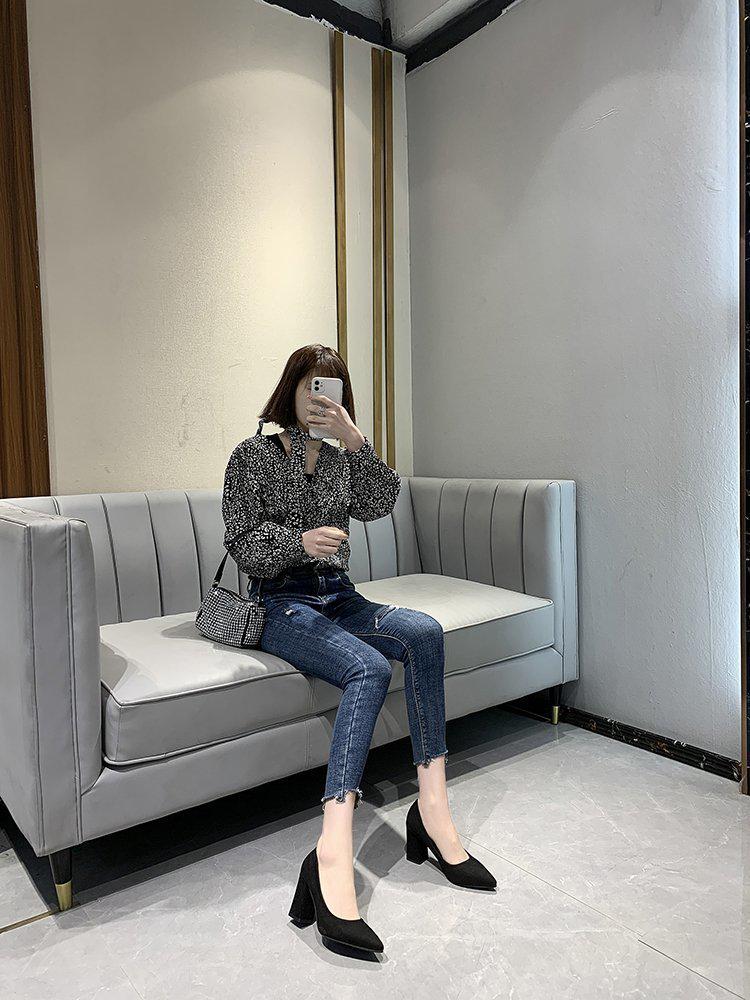 Women's Black Suede Chunky Heel High Heels - Comfortable Professional Formal Shoes