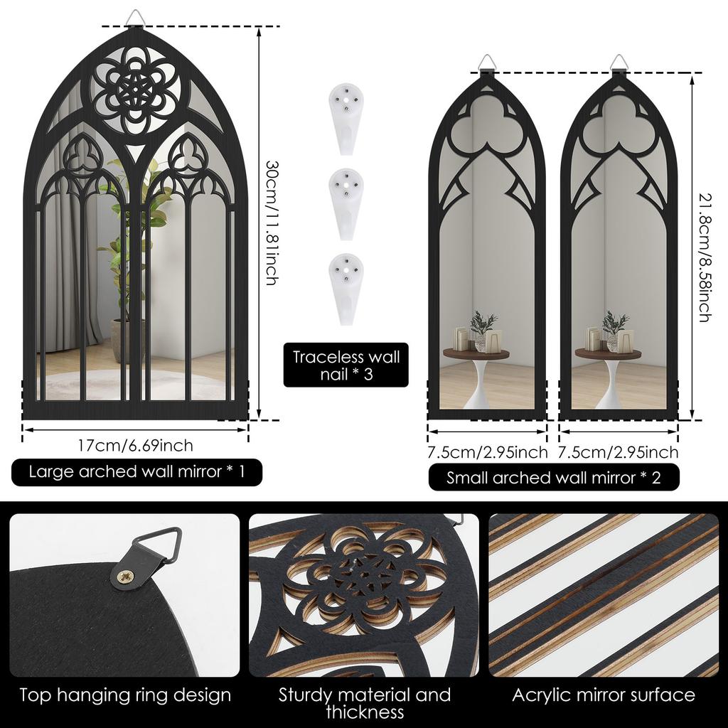 2/3Pcs Window Wall Mirror Wall Decor Vintage Gothic Wall Mirror Decorative Windowpane for Hallow Easter Bathrm Home Decor Mirror