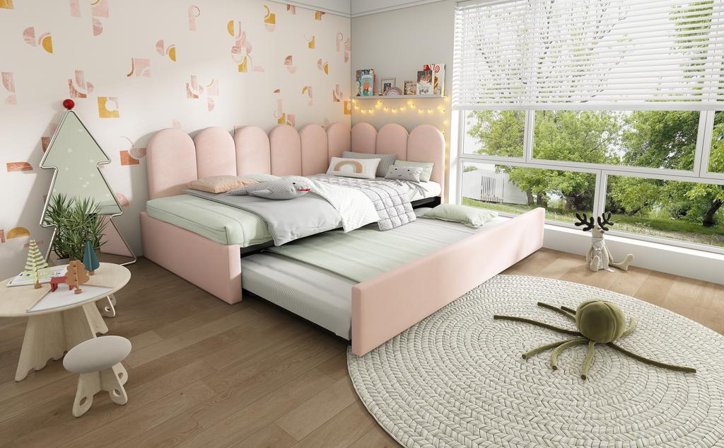 Divano letto imbottito 90x200cm, Divano letto con letto estraibile 90x190cm, Letto per bambini con rete a doghe, Velluto, Rosa, senza materasso