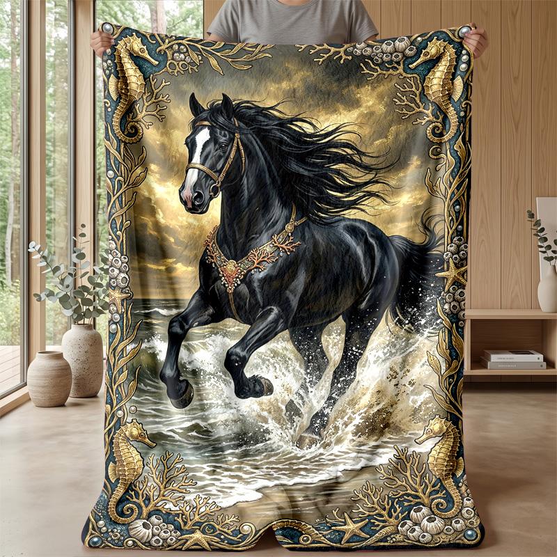 Oceanic Horse Majesty Theme Blanket Lightweight Warm Flannel Blanket Decorative Throw Blanket for Home Decoration