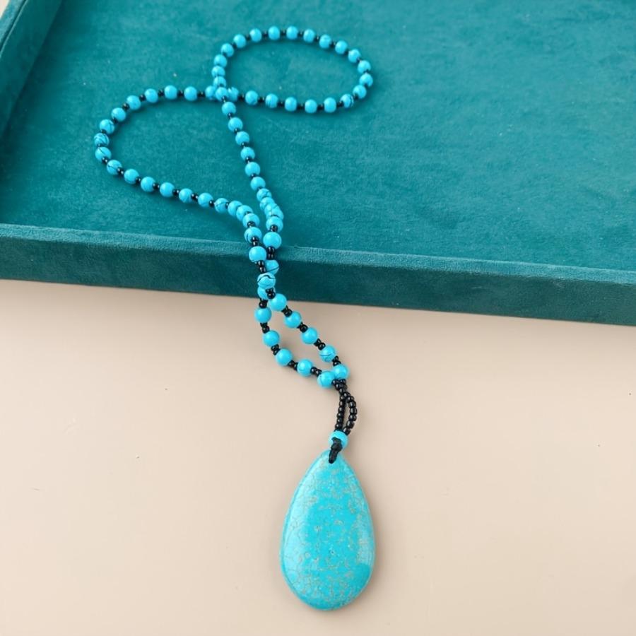 A Long Necklace Resembling Blue Turquoise with a Vintage Teardrop Pendant, Elegant And Stylish in a Bohemian Style, Perfect for Sweaters