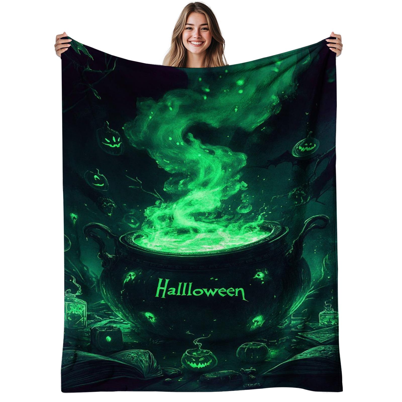 Halloween Blanket Witch Cauldron Green Smoke Pumpkin Bats Magic Potion Fleece Throw Spooky Decor Gift for Party Home 75X95CM