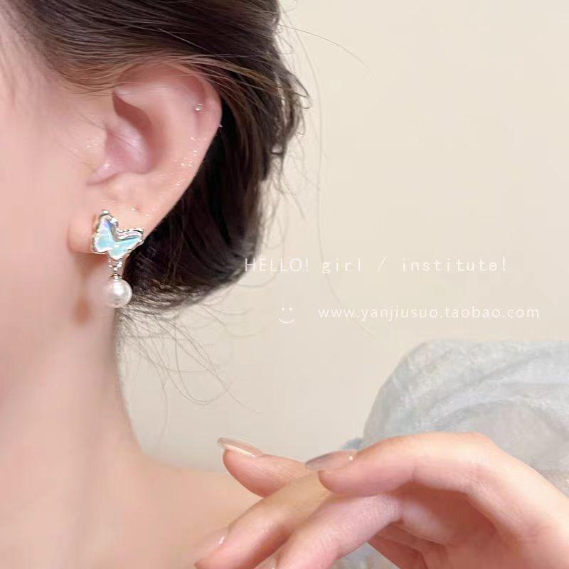 2025 Spring High-End Ice Blue Butterfly Pearl Earrings for Women