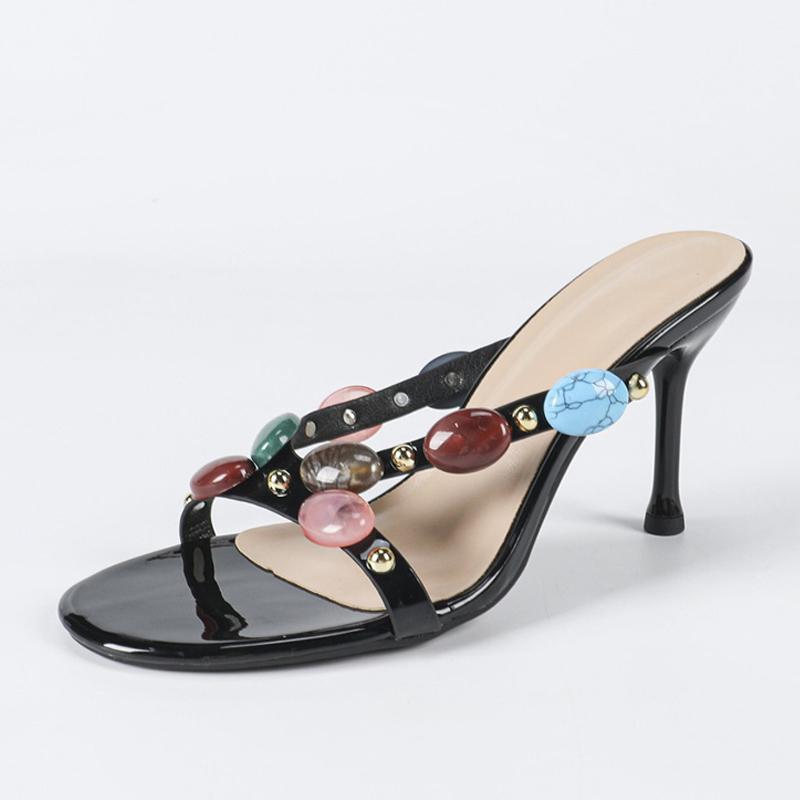 

Летняя мода Цветные камни Ремешок Женские тапочки Сандалии Круглый открытый носок Тонкий высокий каблук Мюли Слайды Летняя вечеринка Платье Туфли 35 чёрный