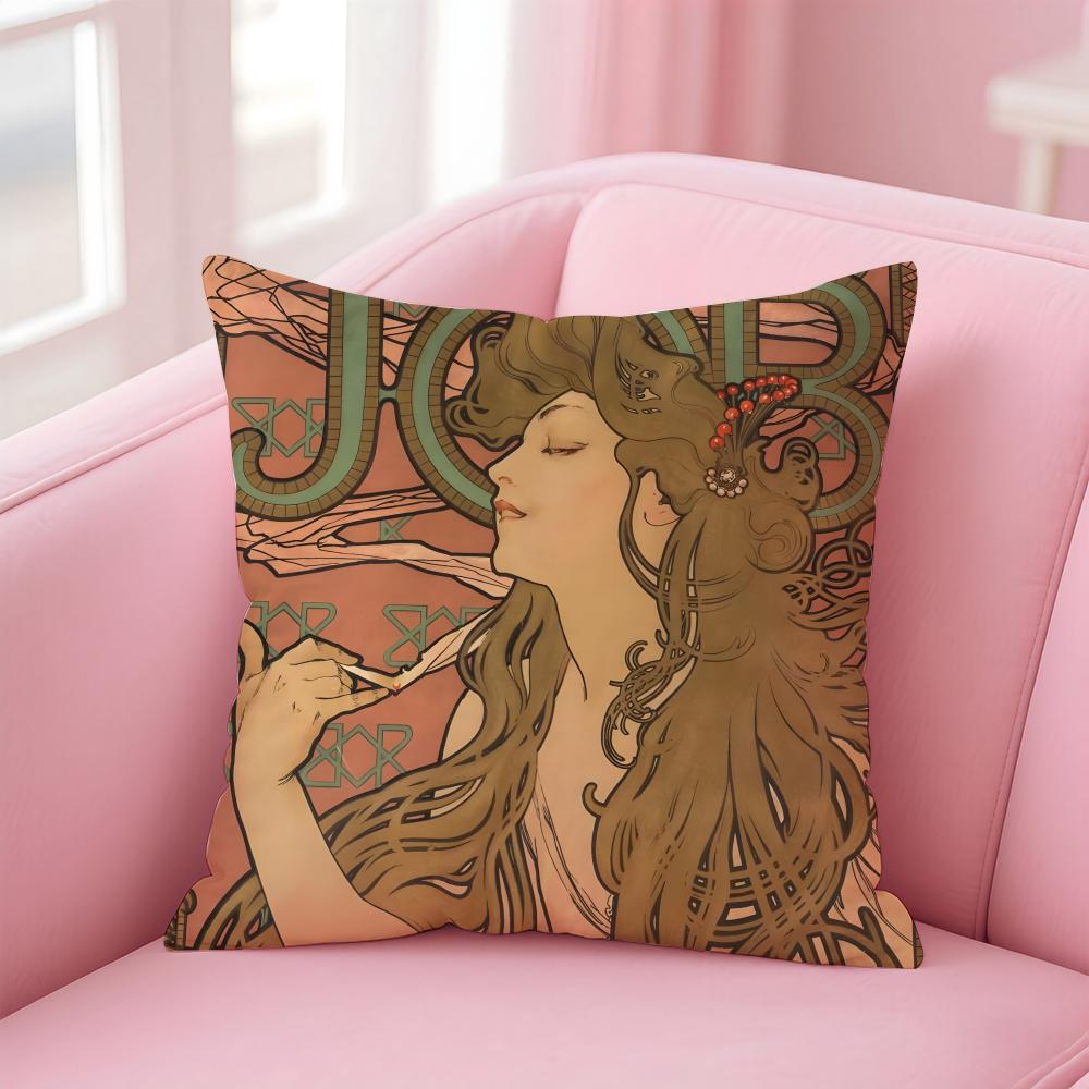 artistic AAlphonse Maria Mucha Cushion Cover Pillow Case Soft Skin Friendly Fabric Comfort Concealed Zipper