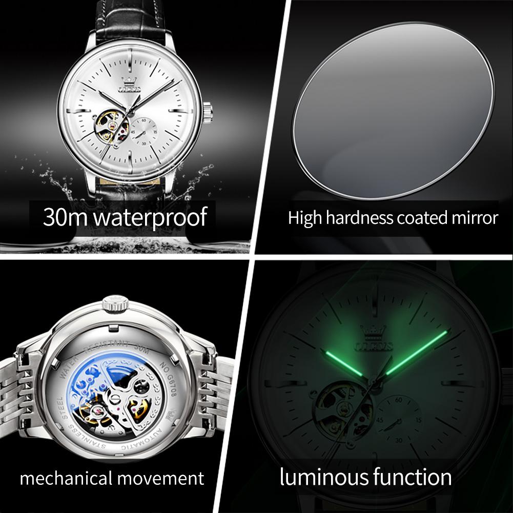 OLEVS 6708 Fashion Men's Watches Leather Strap Original Brand Self-winding Automatic Mechanical Wristwatch for Man Waterproof