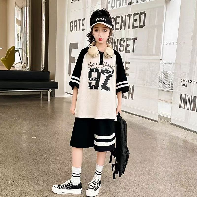 

Summer Casual Girls Contrast Striped Preppy T-Shirt Tops+Short Pant Sets School Kids Tracksuit Child 2PCS Outfit 5-16Yrs 120cm чёрный