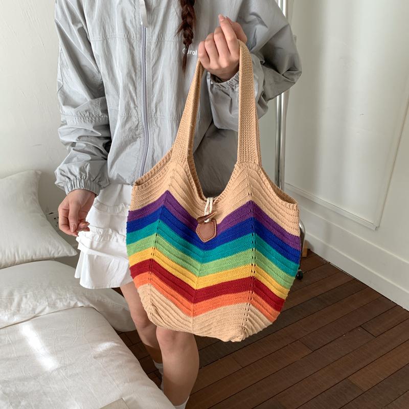Rainbow Color Big Tote Bags For Women Woolen Knitted Big Capacity Shopper Shoulder Hobo Bag 2026 Summer New University Book Bags