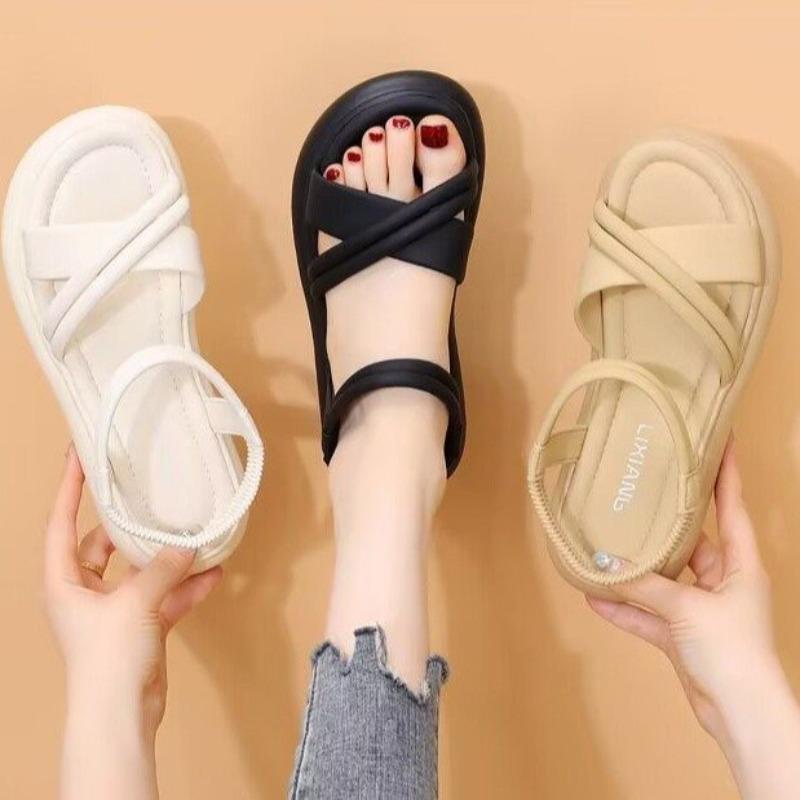 New Women's Flat Sandals with Elastic Bands Anti-slip and Soft-soled Beach Shoes