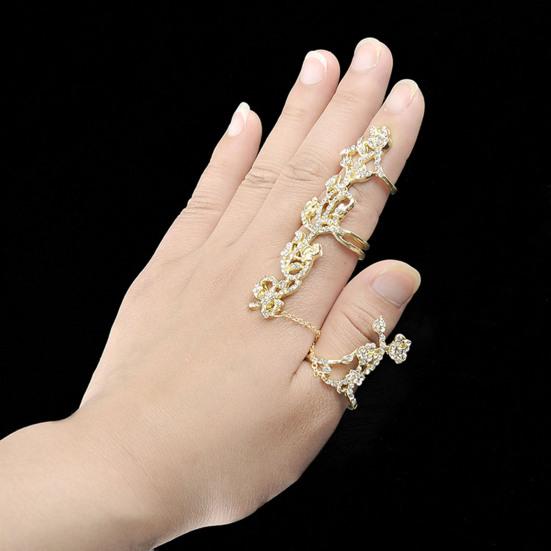 Shining Decorative Double Finger Rings Full Rhinestone Rose Flower Chain Link Rings Jewelry Gift