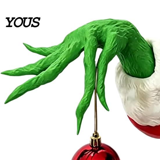 Holiday Decorative Hanging Art Christmas Elf Hand Tree Decorations with Red Balls, Green Wall Fun Xmas Home Window Display Decor, Funny Mount